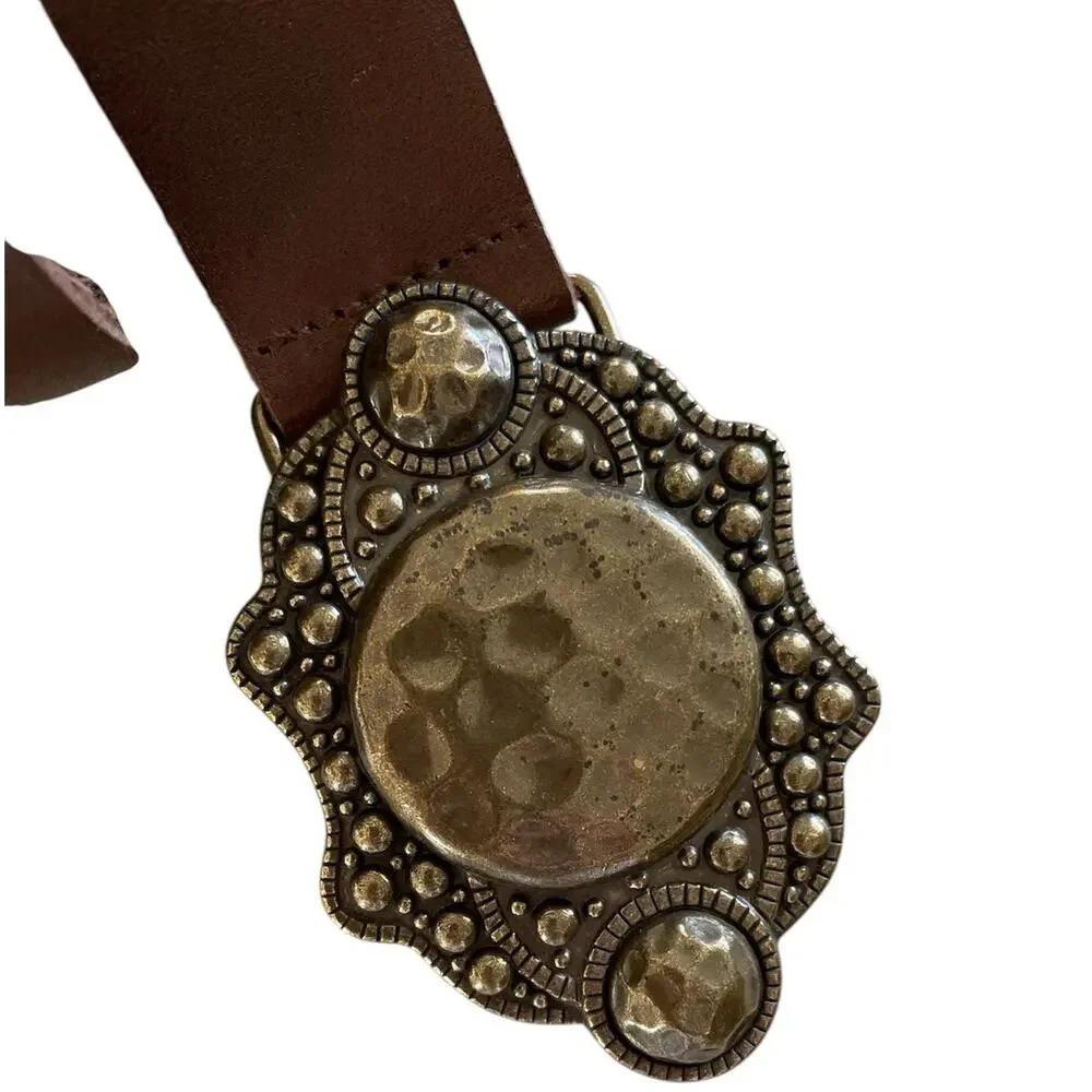 Landes Mocha Brown Leather Belt with Antiqued Gold Tone Buckle M